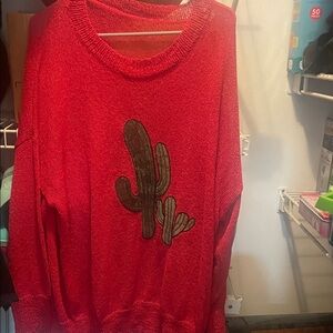 Vibrant Red Knit Top with Cactus Detail oversized
